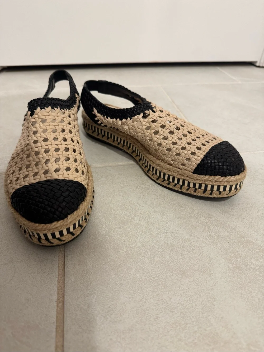 NWOB Tory Burch Dandy Woven Platform Slingback Espadrilles Black Tan Size 7M